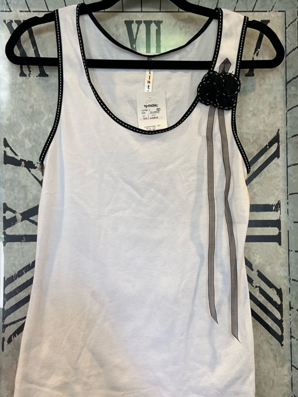 White Tank Top with Black Flower and Ribbon Accent